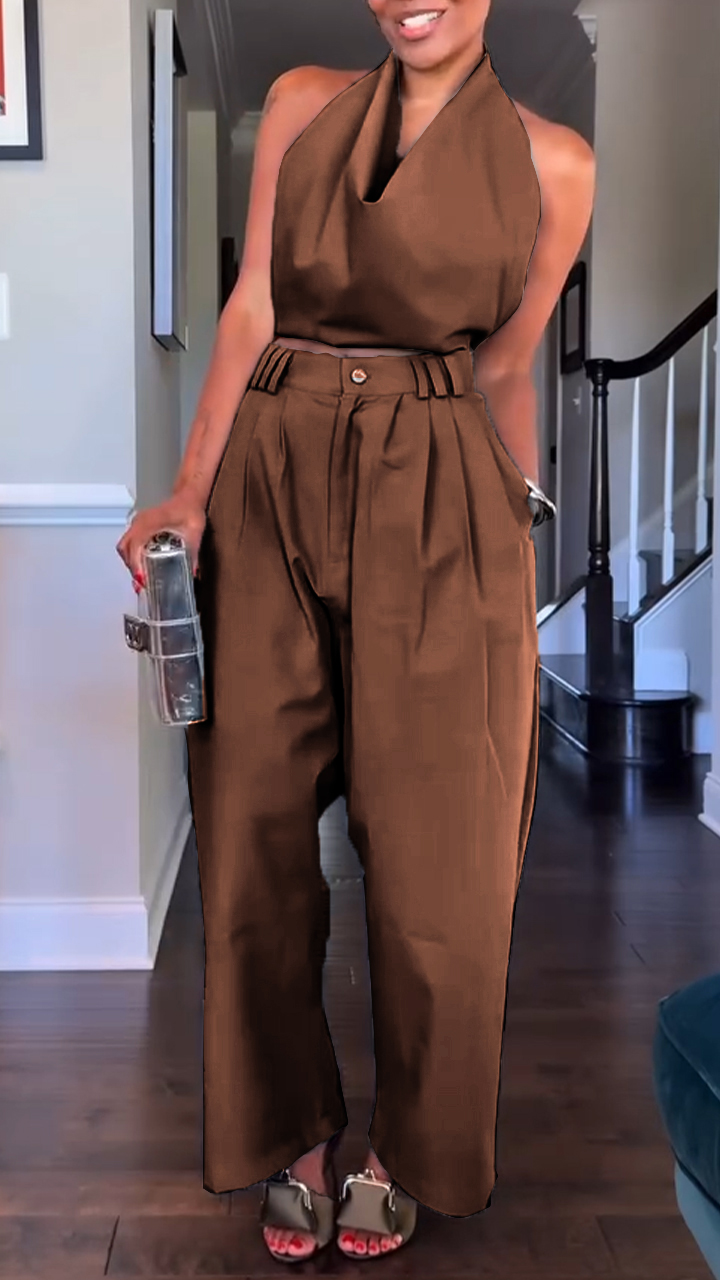 Elegant Halter Drape Top High Waist Pleated Wide Leg Set (Buy 2 Free Shipping)