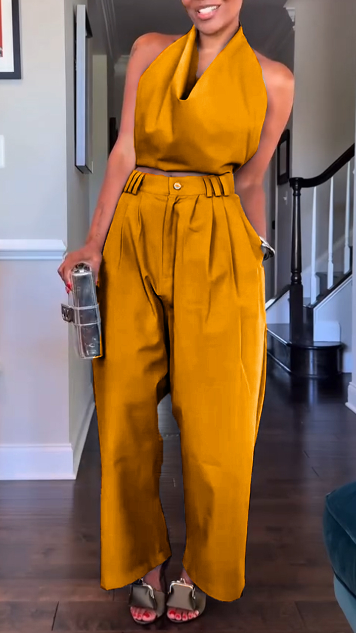Elegant Halter Drape Top High Waist Pleated Wide Leg Set (Buy 2 Free Shipping)