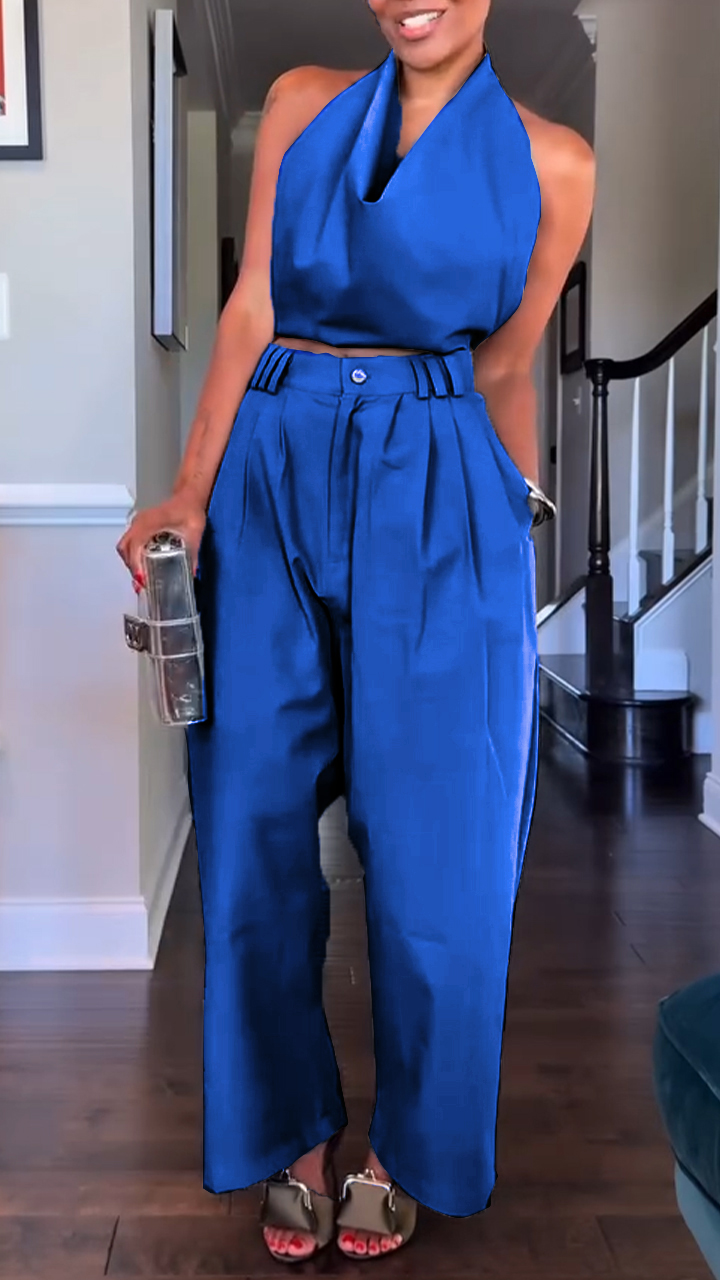 Elegant Halter Drape Top High Waist Pleated Wide Leg Set (Buy 2 Free Shipping)