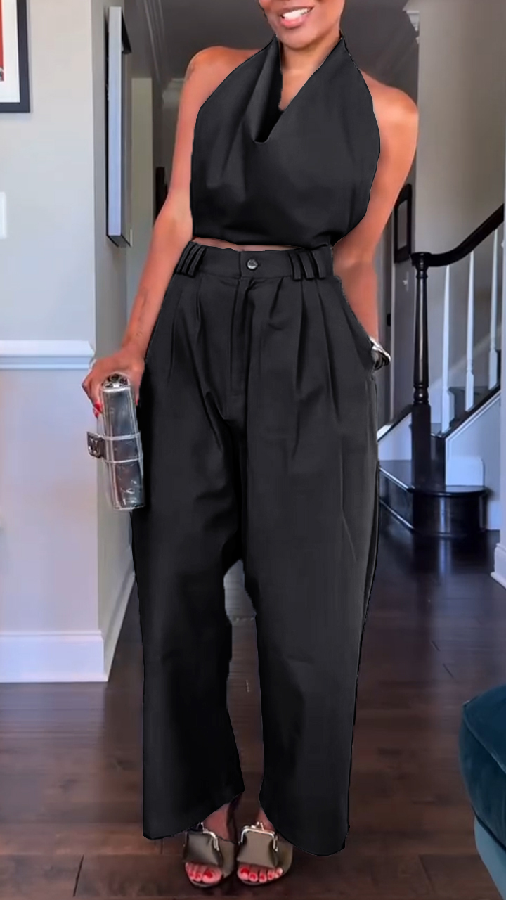 Elegant Halter Drape Top High Waist Pleated Wide Leg Set (Buy 2 Free Shipping)