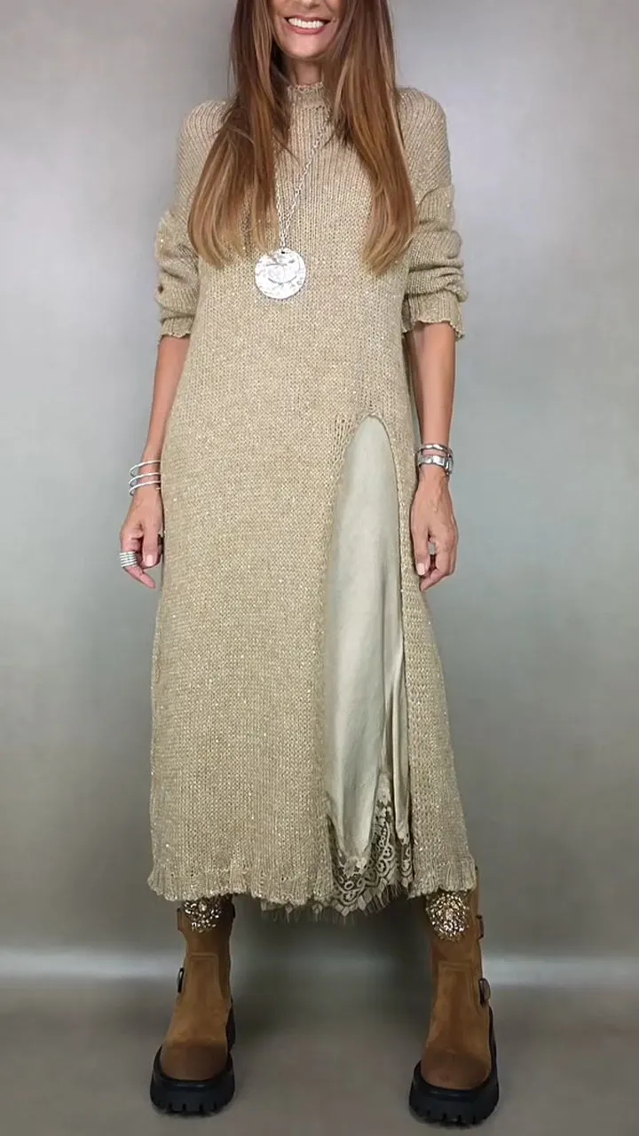 Elegant Knit Split Hem Sweater Dress Set with Lace Slip Dress (Buy 2 Free Shipping)