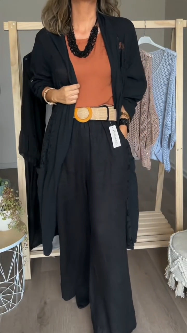 Womens Long Patterned Openwork Cardigan + Trousers Casual Set