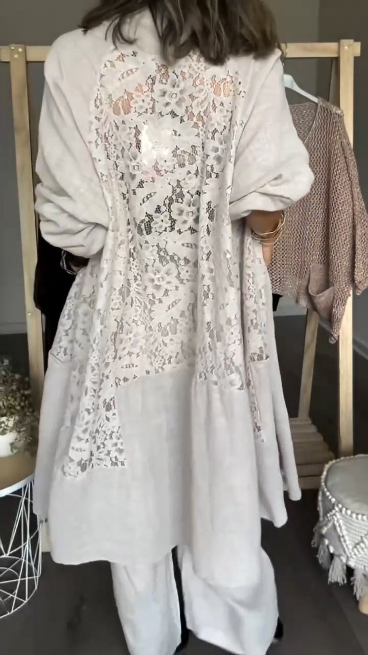 Womens Long Patterned Openwork Cardigan + Trousers Casual Set