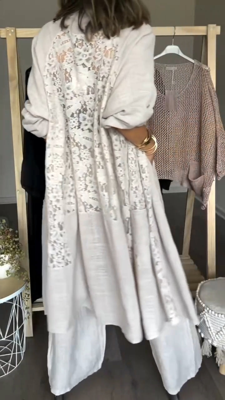 Womens Long Patterned Openwork Cardigan + Trousers Casual Set