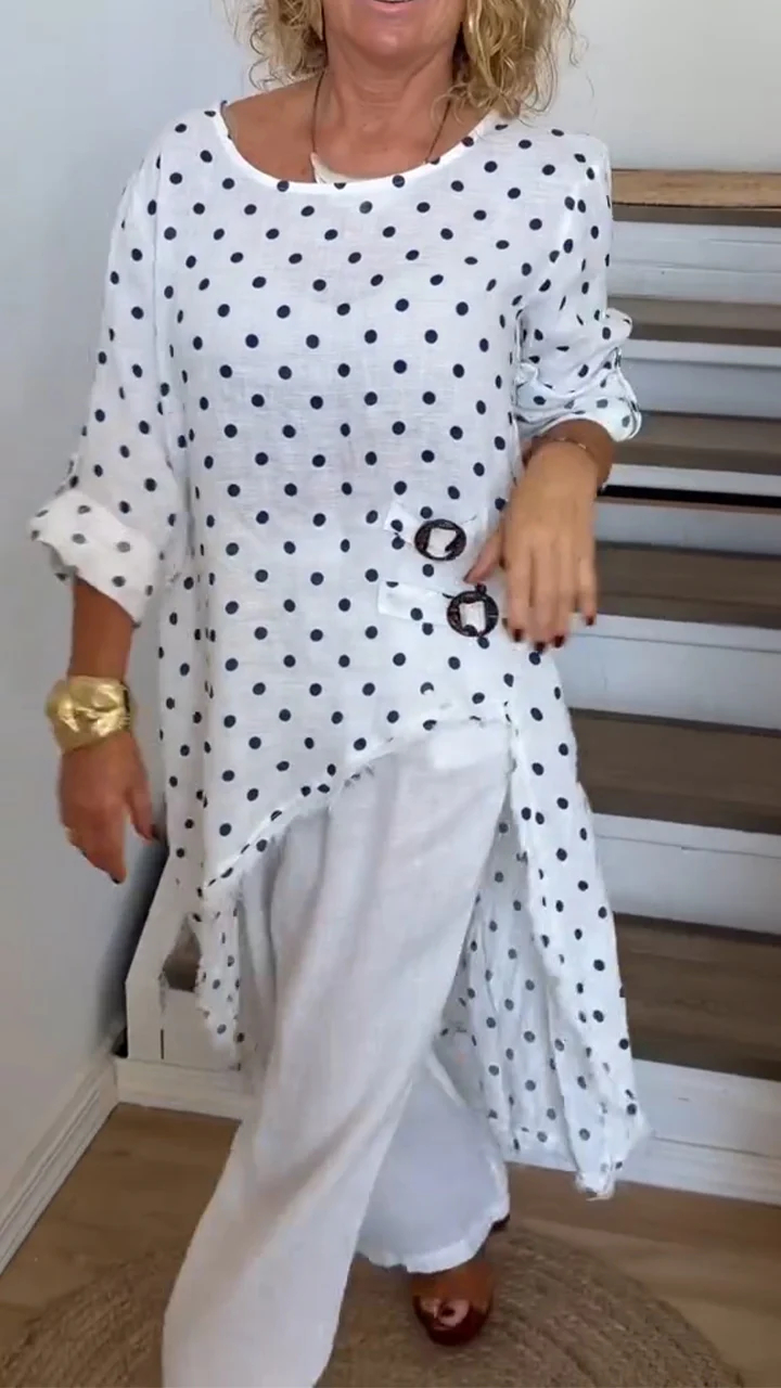 Elegant Polka Dot Asymmetric Tunic and Wide Leg Pants Set