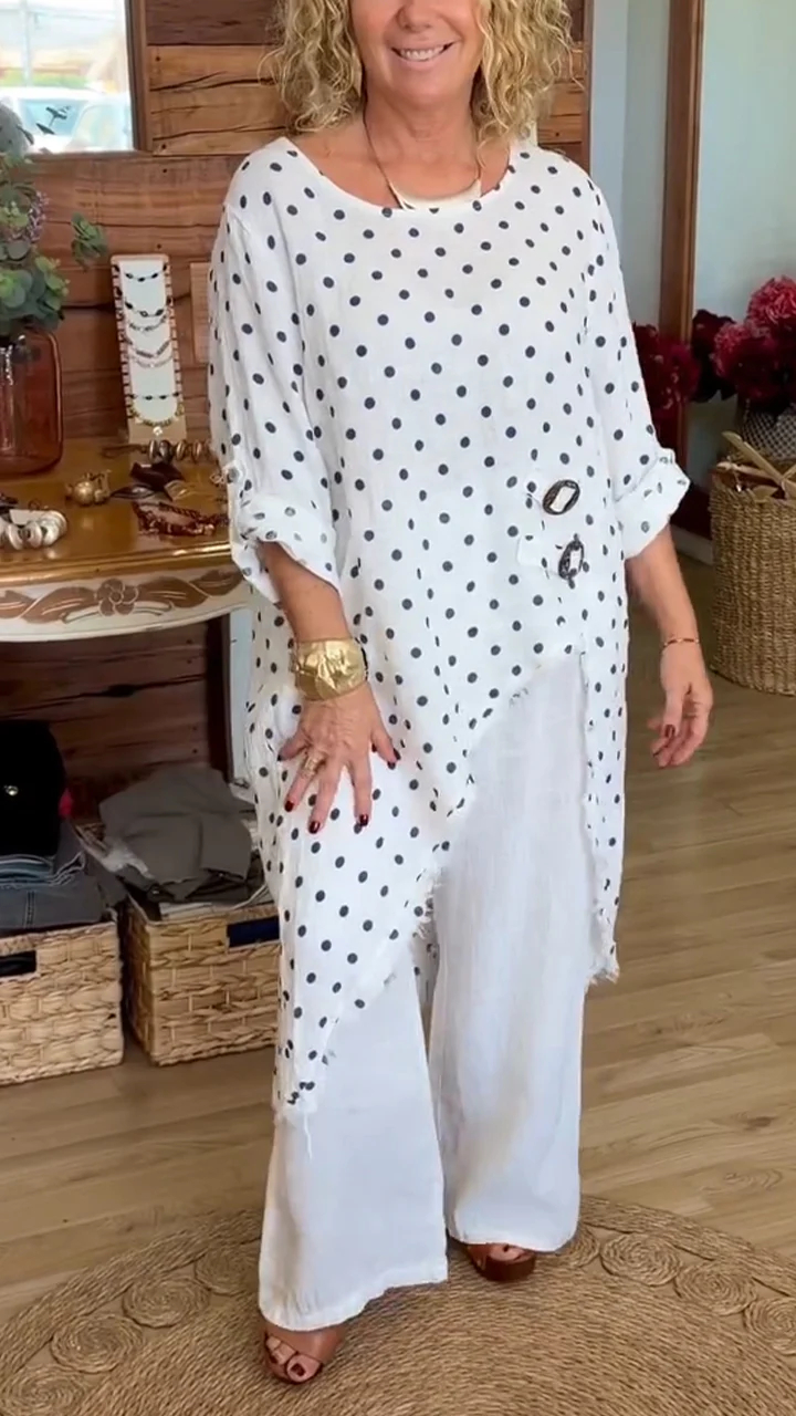 Elegant Polka Dot Asymmetric Tunic and Wide Leg Pants Set