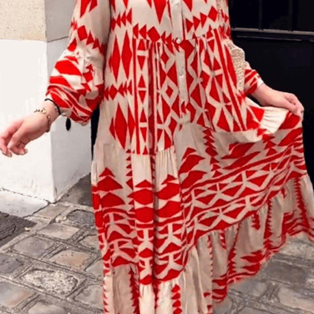 []Geometric Print Boho Tiered Maxi Dress