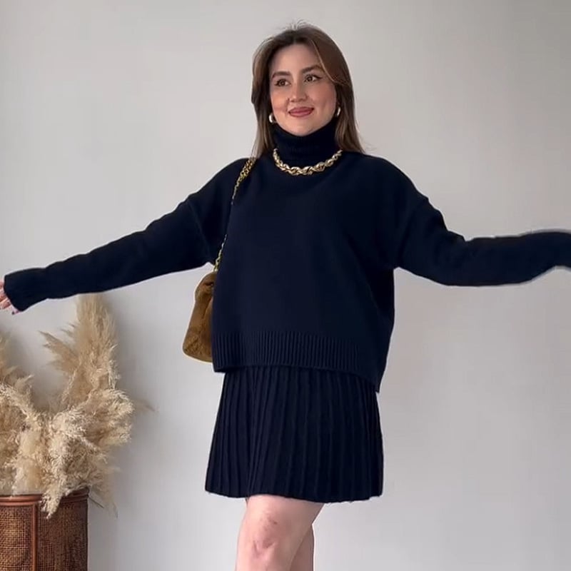 High-Neck Knitted Skirt Suit for Elegant Style(Top + Skirt)