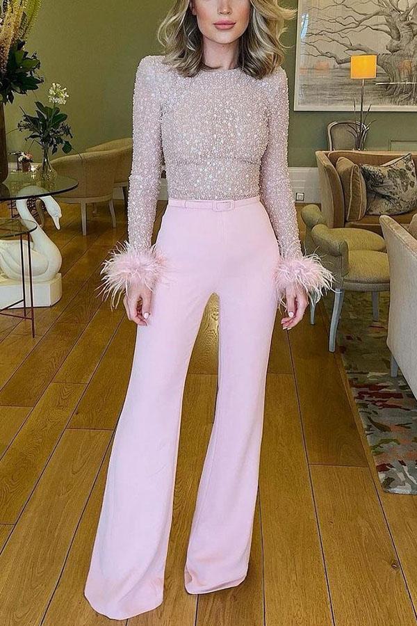 Ready for Vegas Feather Detail Trim Sequin Jumpsuit (Free Shipping)