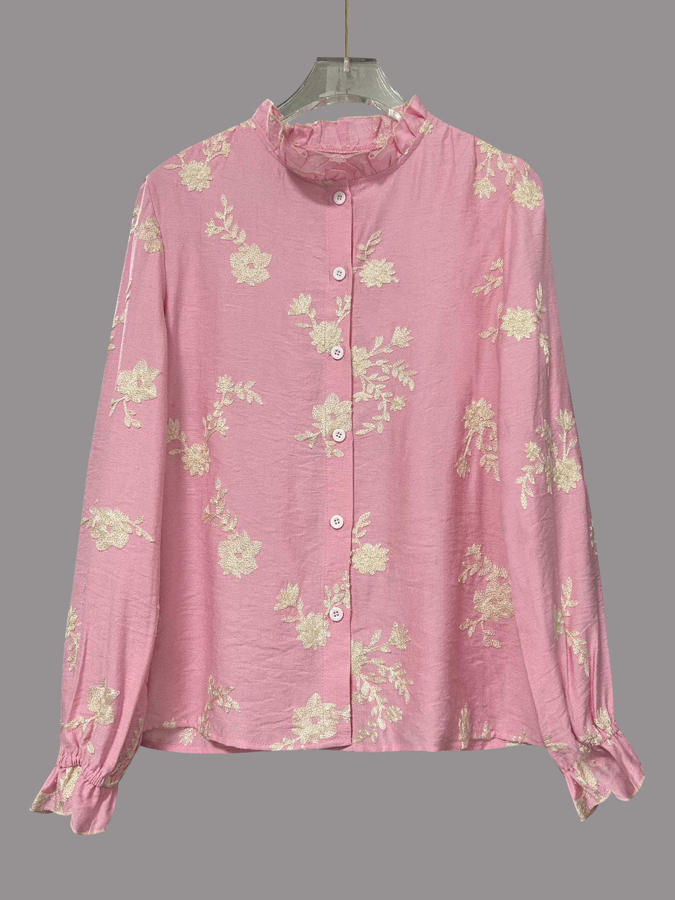 Elegant Floral Embroidery Ruffle Cuff Button Blouse