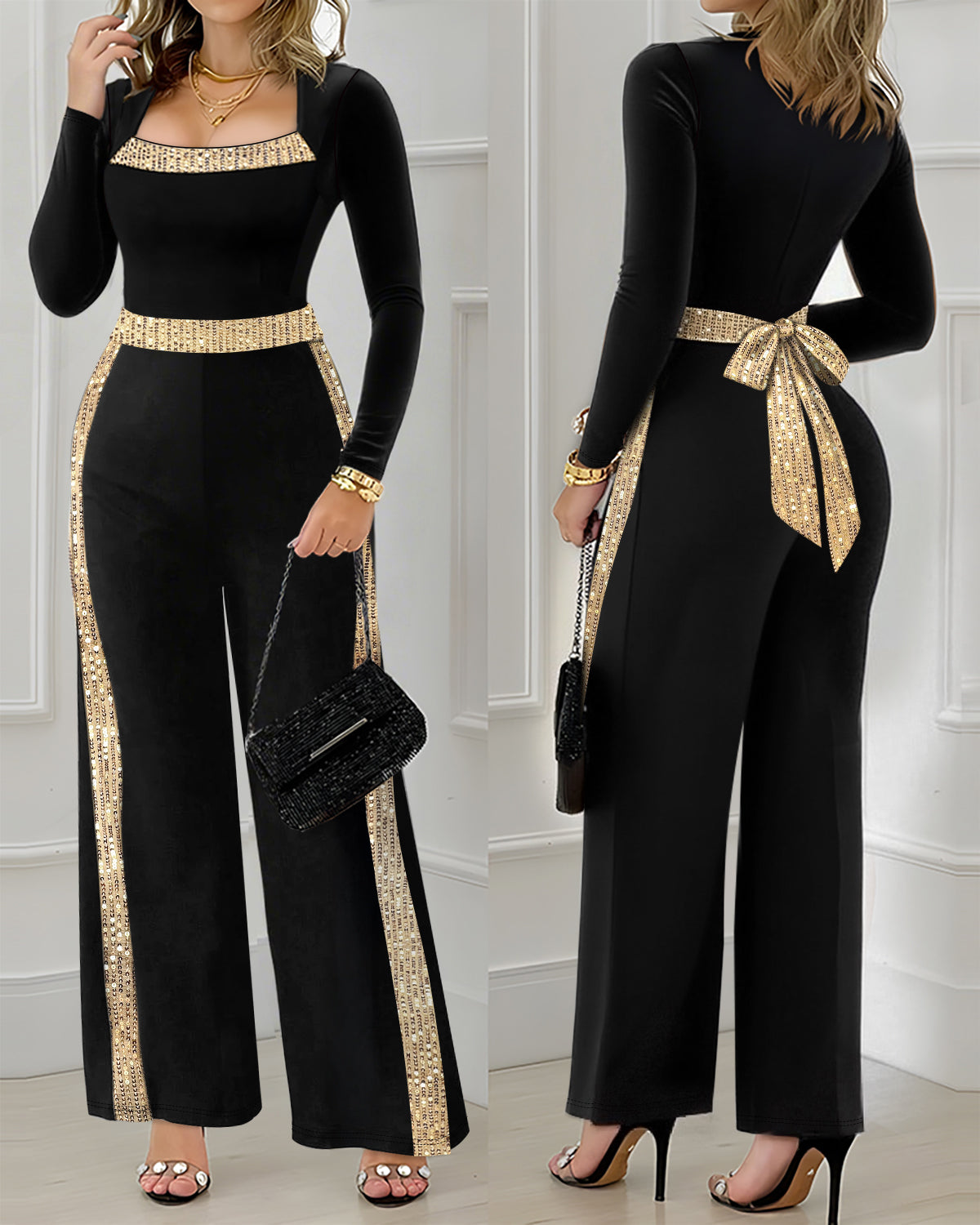 Elegant Sequin Trim Wide-Leg Jumpsuit with Belted Waist (Buy 2 Free Shipping)