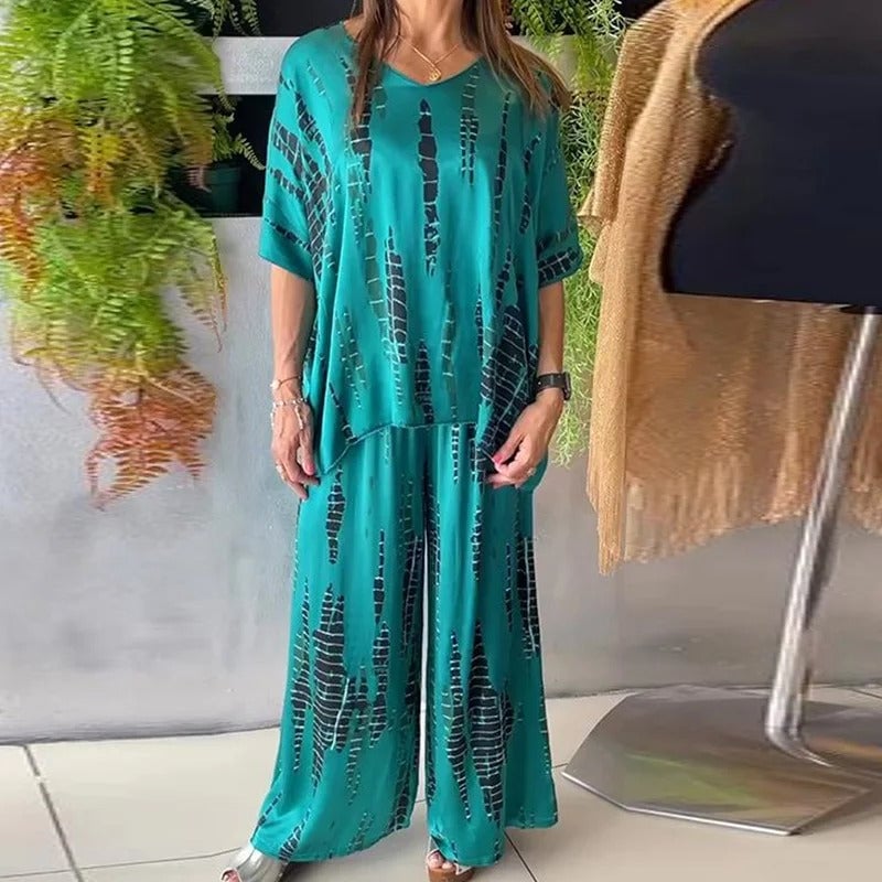 2 Piece Sets For Women Short Sleeve Oversized Blouses Tops Matching Wide Leg Pants