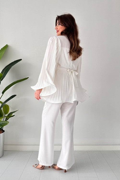 Pleated Bell Sleeve Top and Wide-Leg Pants Two Piece Set (Buy 2 Free Shipping)