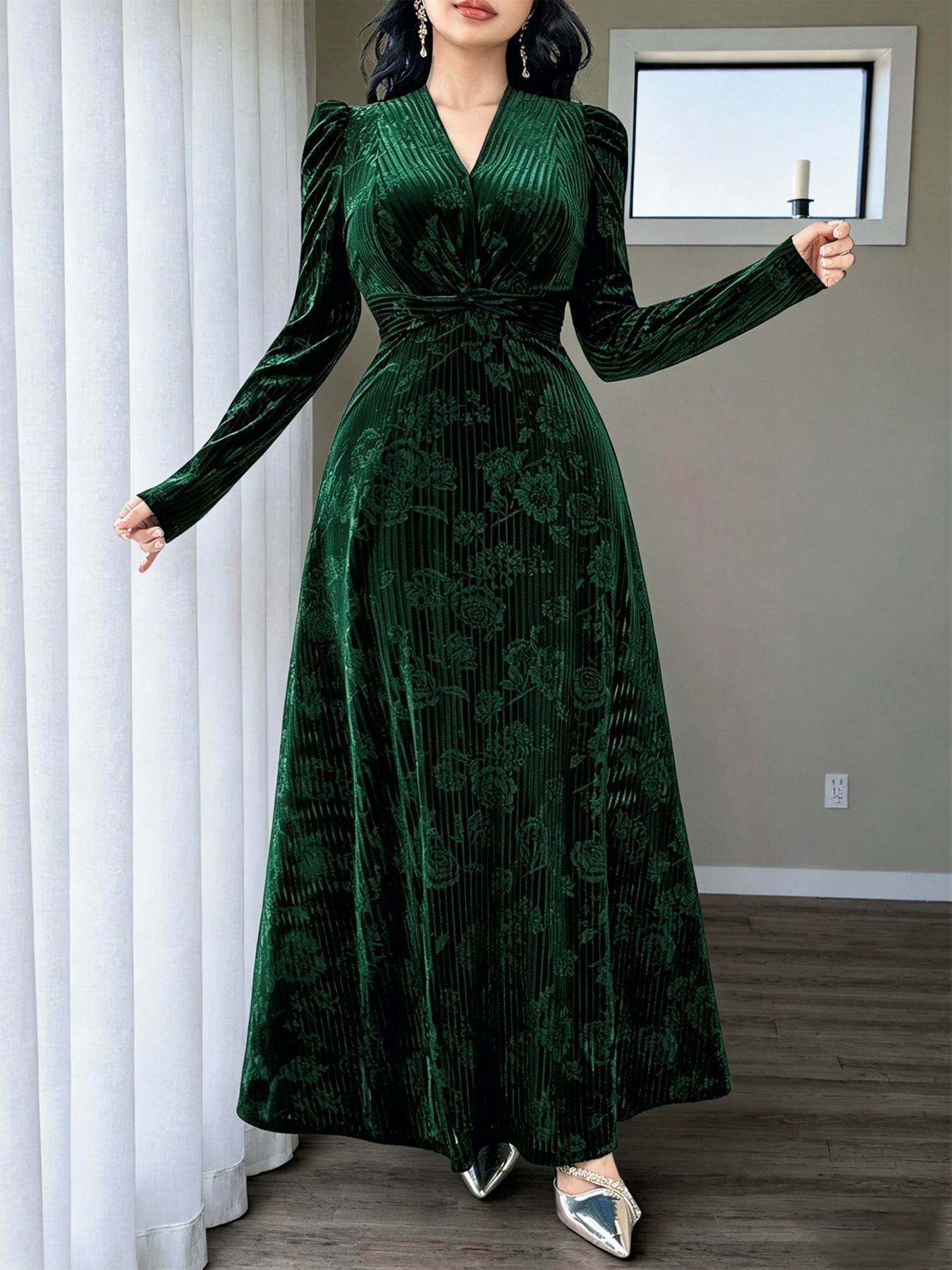 Elegant V-Neck Floral Velvet-Look Ruched Waist Maxi Dress