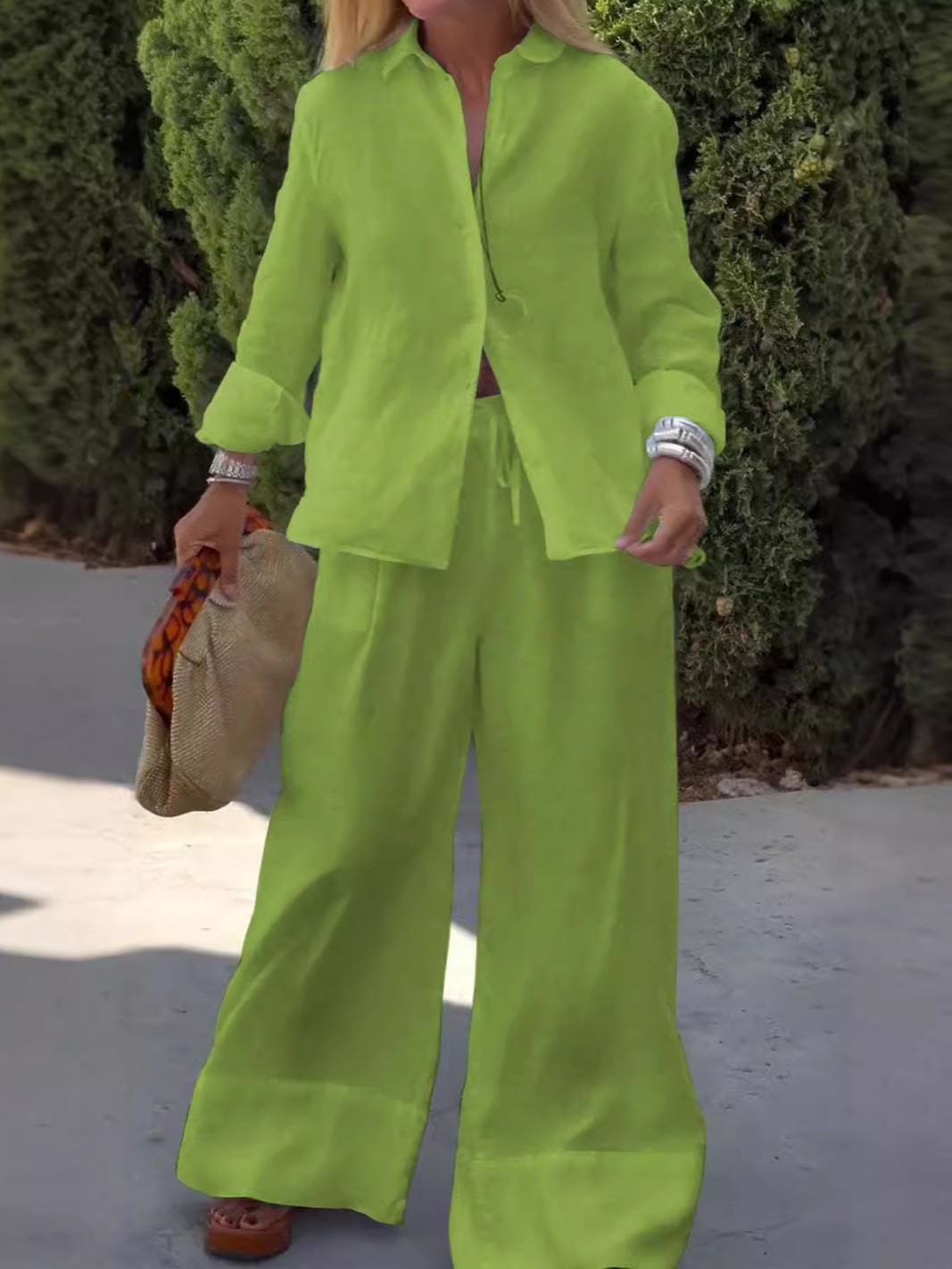 Relaxed Linen Button-Up Shirt and Wide-Leg Pants Two-Piece Set