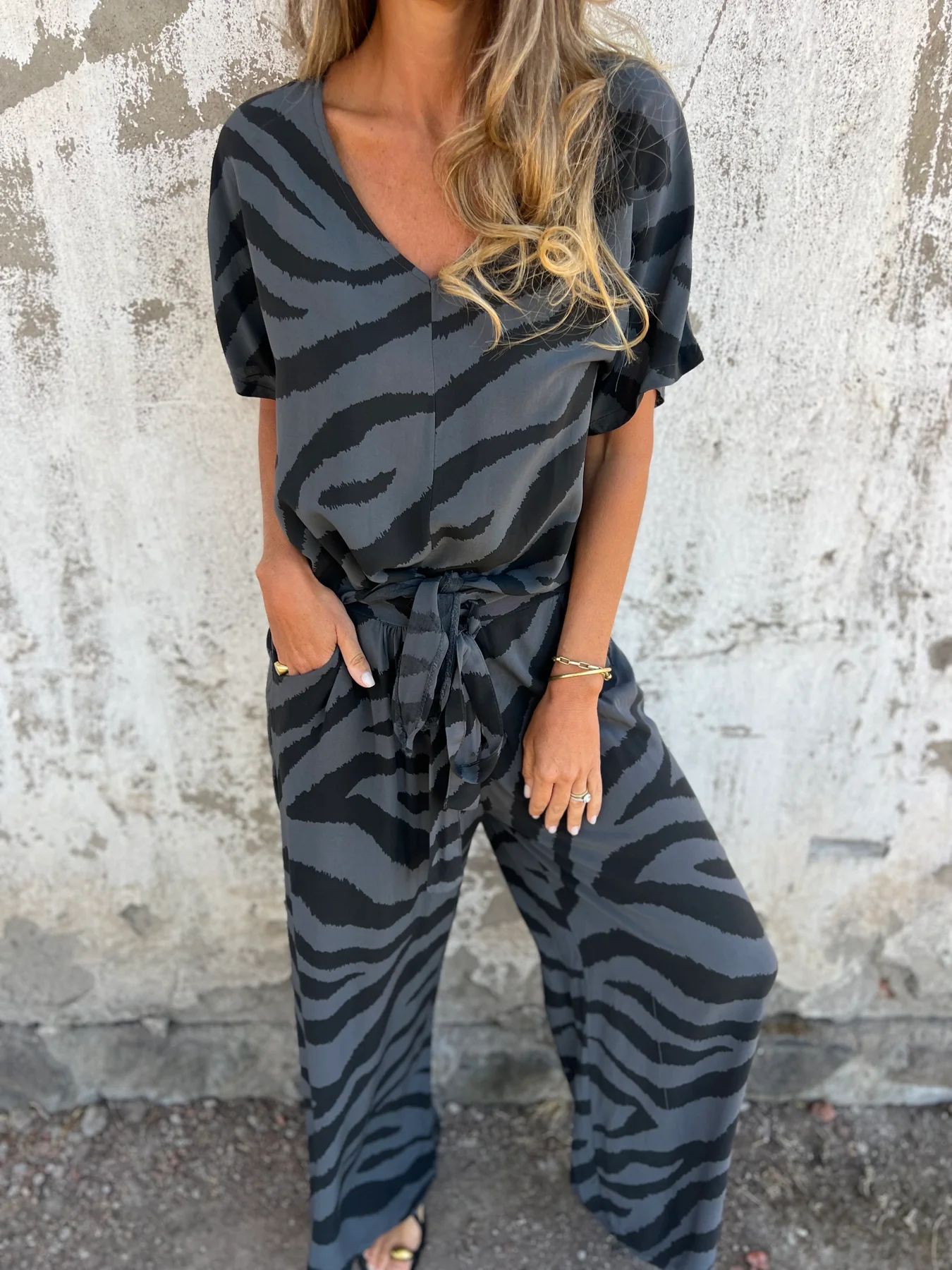 Relaxed Zebra Print V-Neck Tie Waist Two-Piece Set