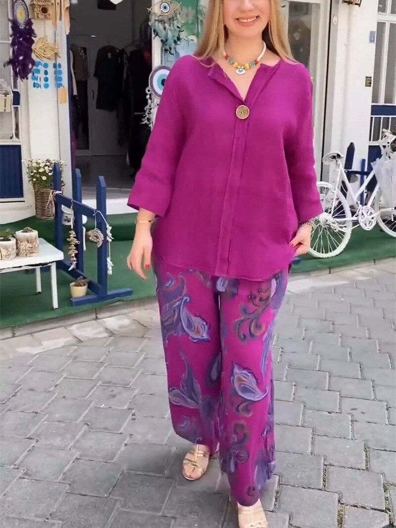 Relaxed Cotton-Linen V-Neck Top and Printed Wide Leg Pants Set (Buy 2 Free Shipping)