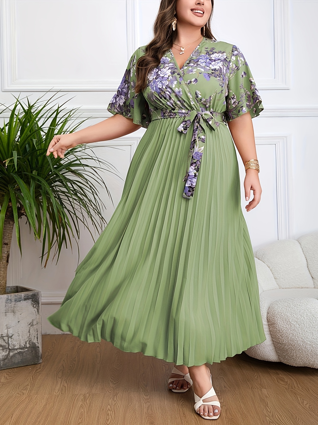 Elegant Floral Printed Pleated Maxi Dress (Buy 2 Free Shipping)