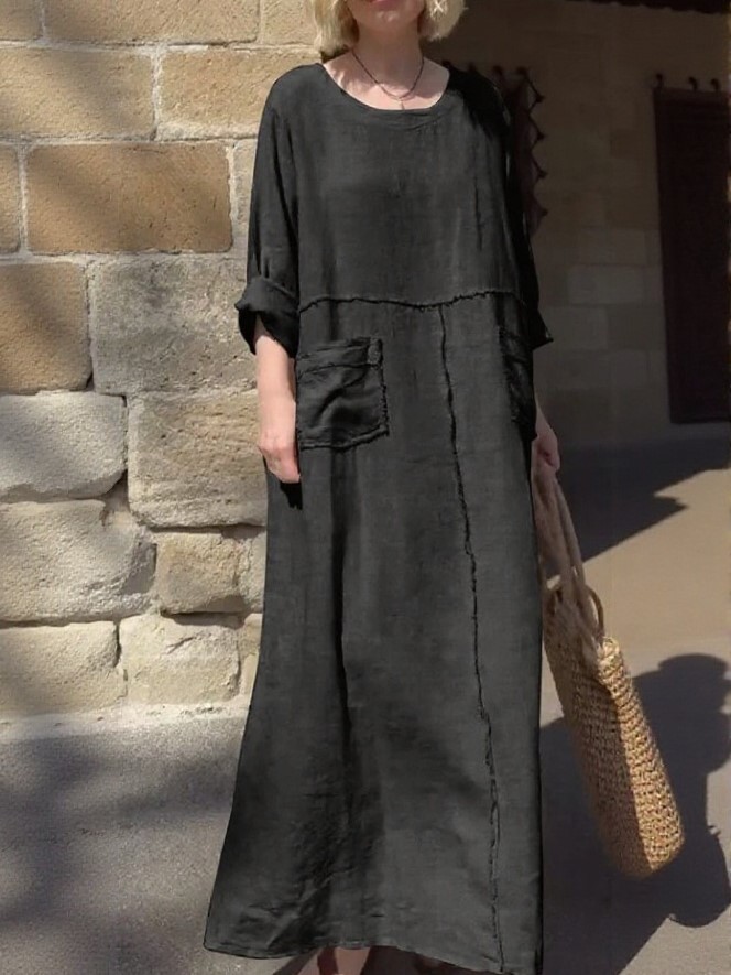 Relaxed Patch-Pocket Cotton-Line Maxi Dress (Buy 2 Free Shipping)