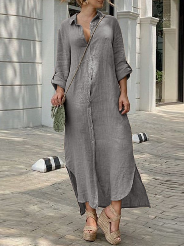 Elegant Linen-Blend Button-Down Maxi Dress with Rolled Sleeves