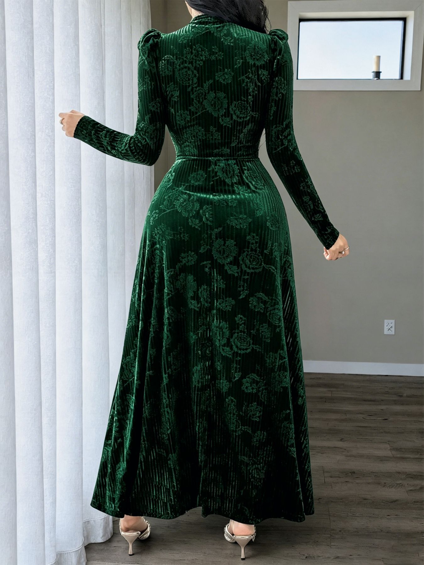 Elegant V-Neck Floral Velvet-Look Ruched Waist Maxi Dress