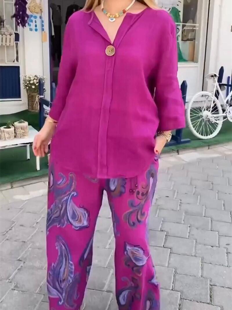 Relaxed Cotton-Linen V-Neck Top and Printed Wide Leg Pants Set (Buy 2 Free Shipping)