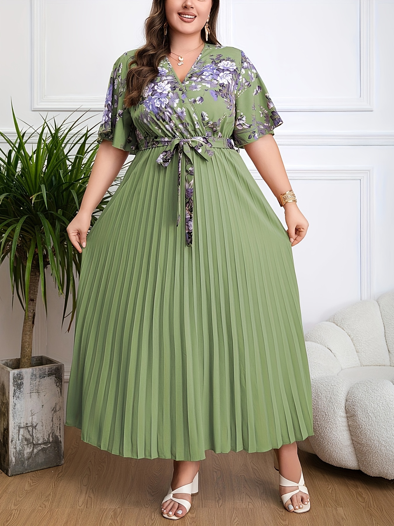 Elegant Floral Printed Pleated Maxi Dress (Buy 2 Free Shipping)