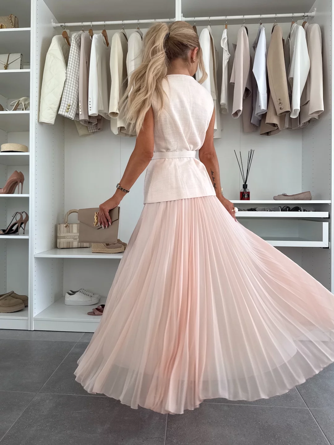 Elegant Sleeveless Button-Up Top & Pleated Maxi Skirt Two-Piece Set