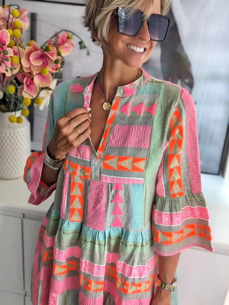 Colorblock Boho Flare Sleeve Swing Dress