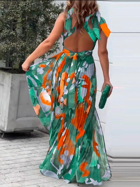 Boho Pleated V Neck Backless Maxi Dress (Buy 2 Free Shipping)