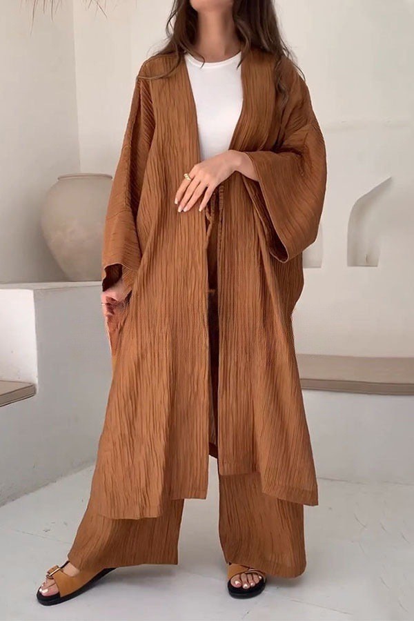 Flowy Textured Kimono Top and Wide Leg Pants Two Piece Set (Buy 2 Free Shipping)