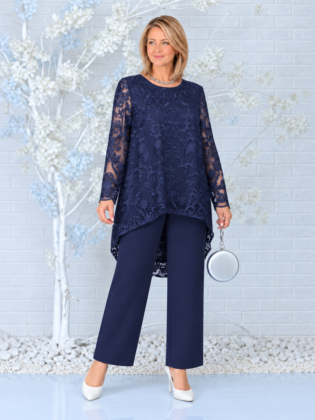 Elegant Lace Overlay Asymmetric Hem Top and Pants Set