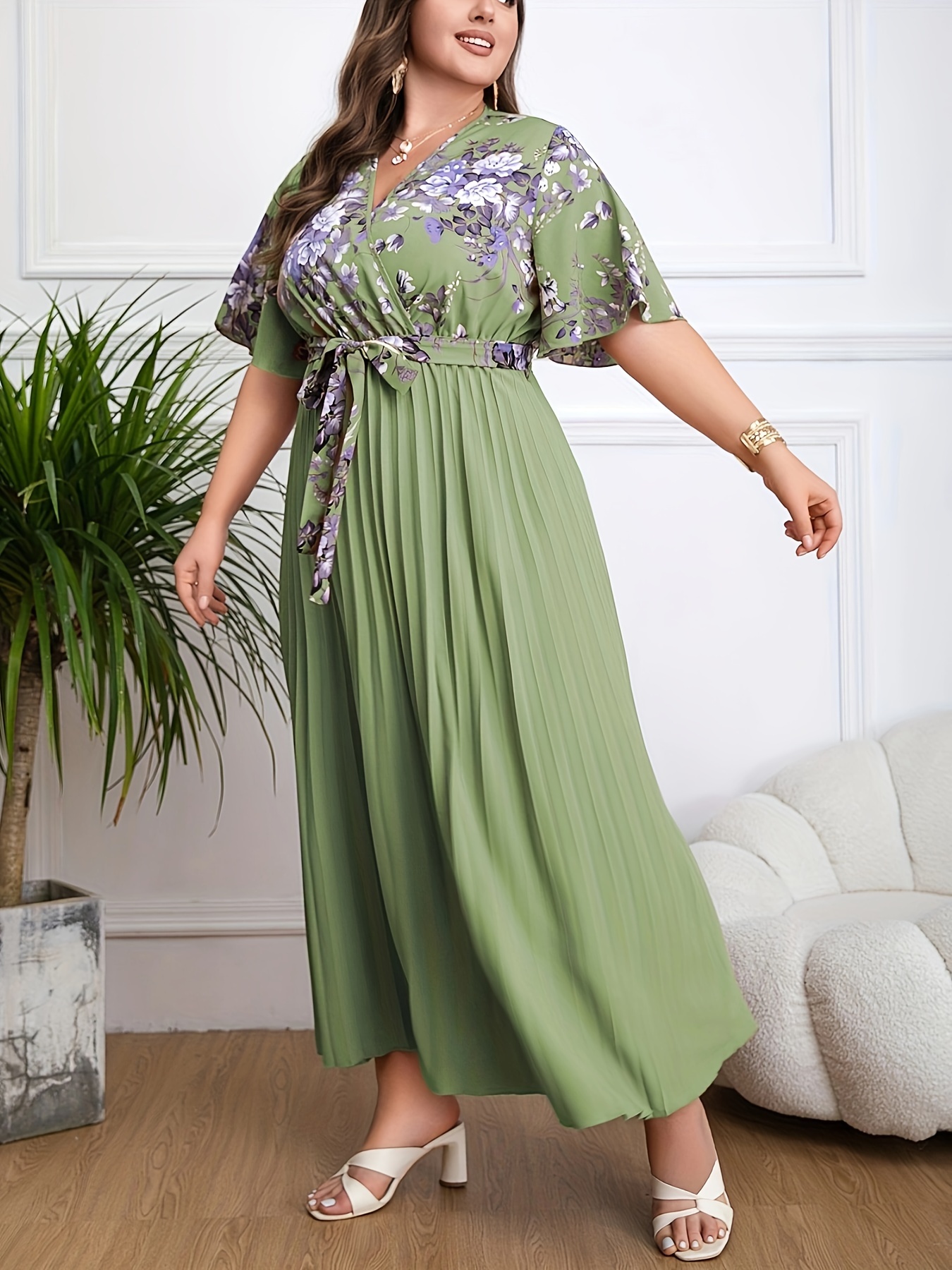Elegant Floral Printed Pleated Maxi Dress (Buy 2 Free Shipping)