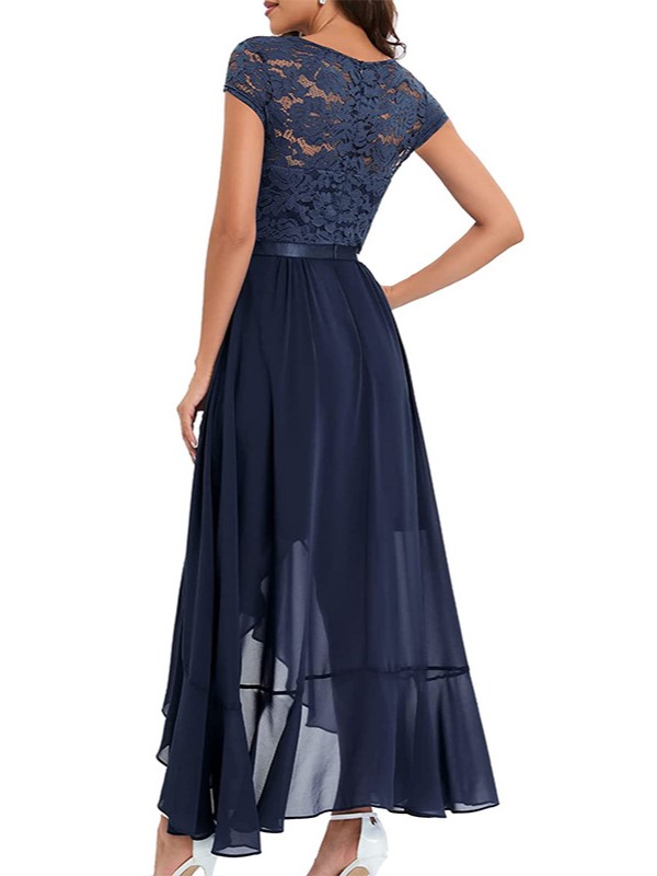Elegant Lace High Low Chiffon Ruffle Hem Dress