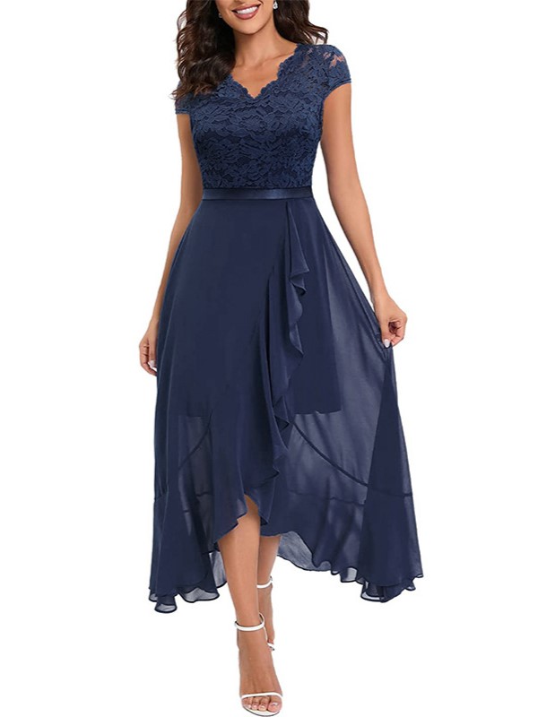 Elegant Lace High Low Chiffon Ruffle Hem Dress