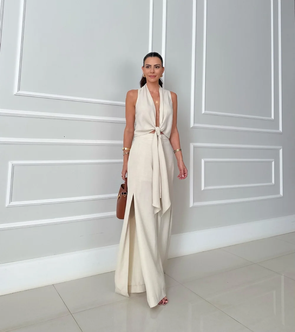 Elegant Sleeveless V-Neck Wide-Leg Pants Set (Buy 2 Free Shipping)