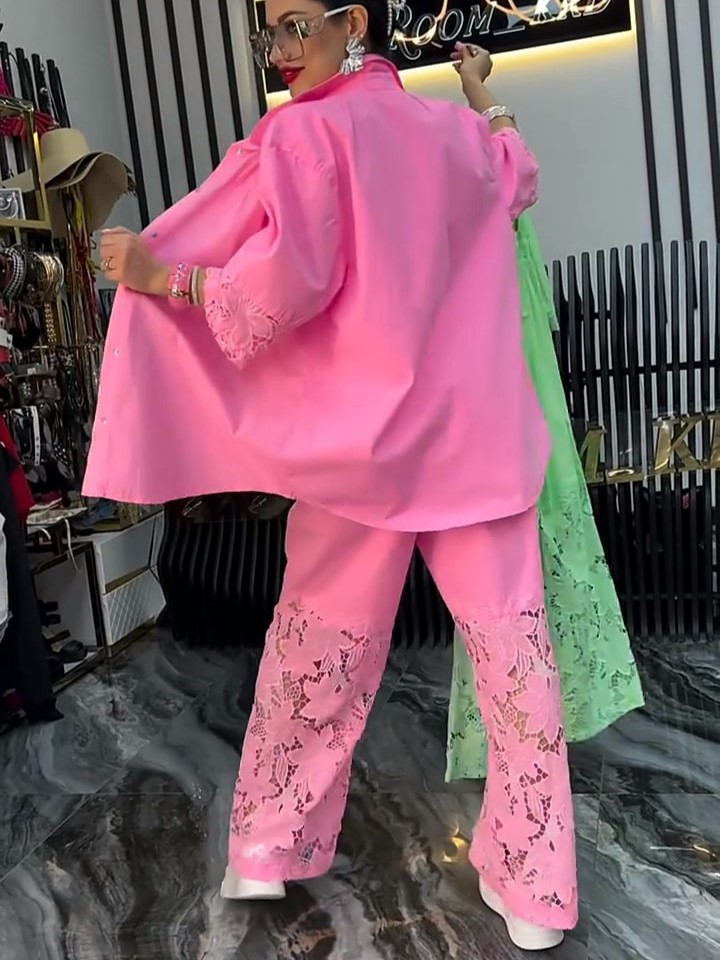 Chic Eyelet Lace Two-Piece Set - Button Shirt and Drawstring Pants (Buy 2 Free Shipping)