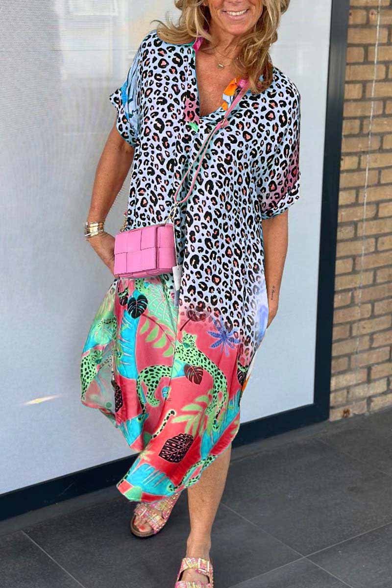 Colorblock Leopard Graffiti Print Oversized Shirt Dress (Buy 2 Free Shipping)
