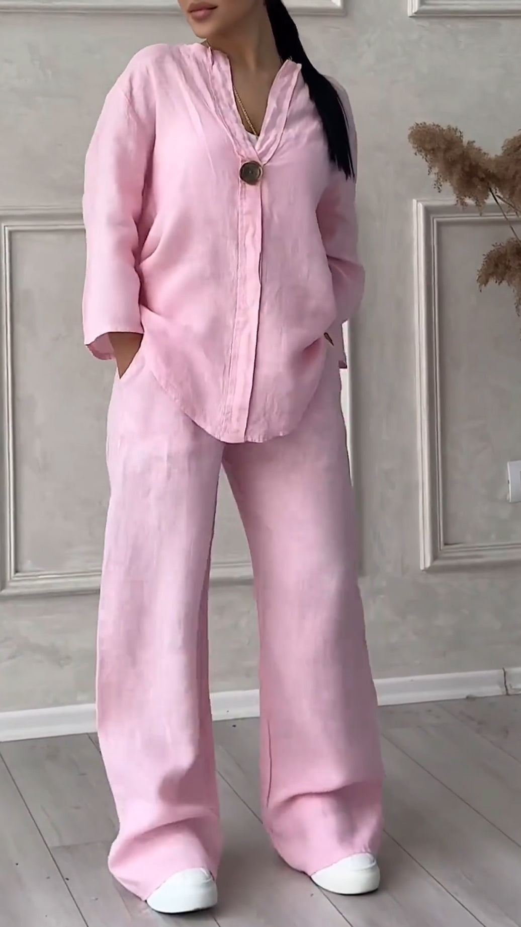 Relaxed Linen Two-Piece Set with Button Detail (Buy 2 Free Shipping)