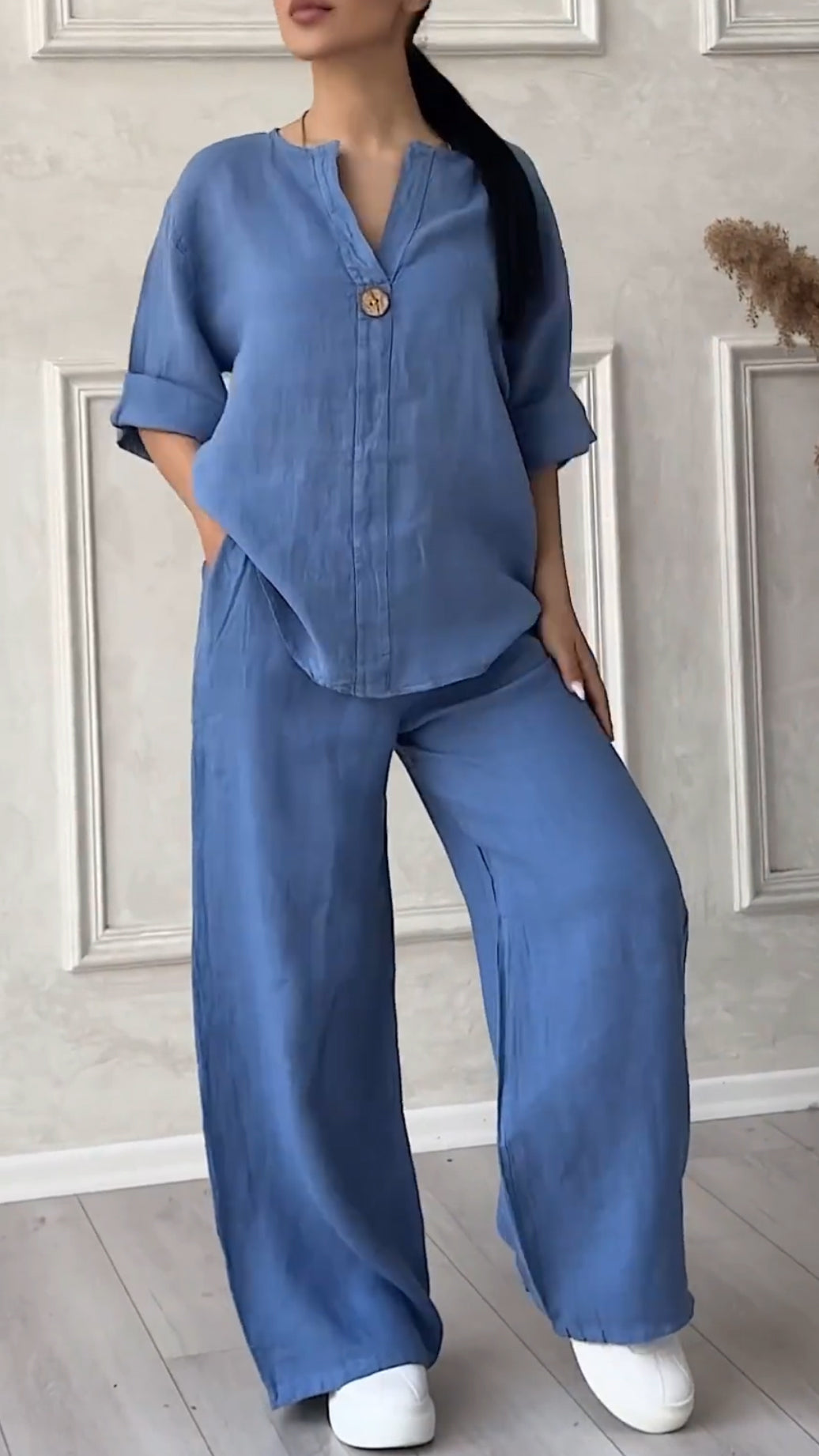 Relaxed Linen Two-Piece Set with Button Detail (Buy 2 Free Shipping)