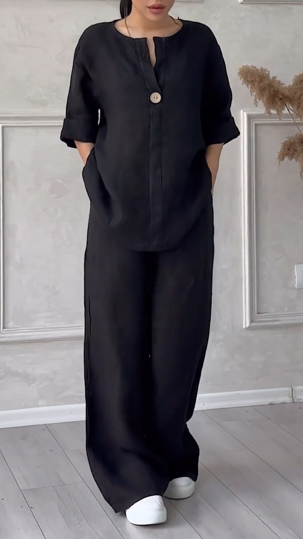 Relaxed Linen Two-Piece Set with Button Detail (Buy 2 Free Shipping)