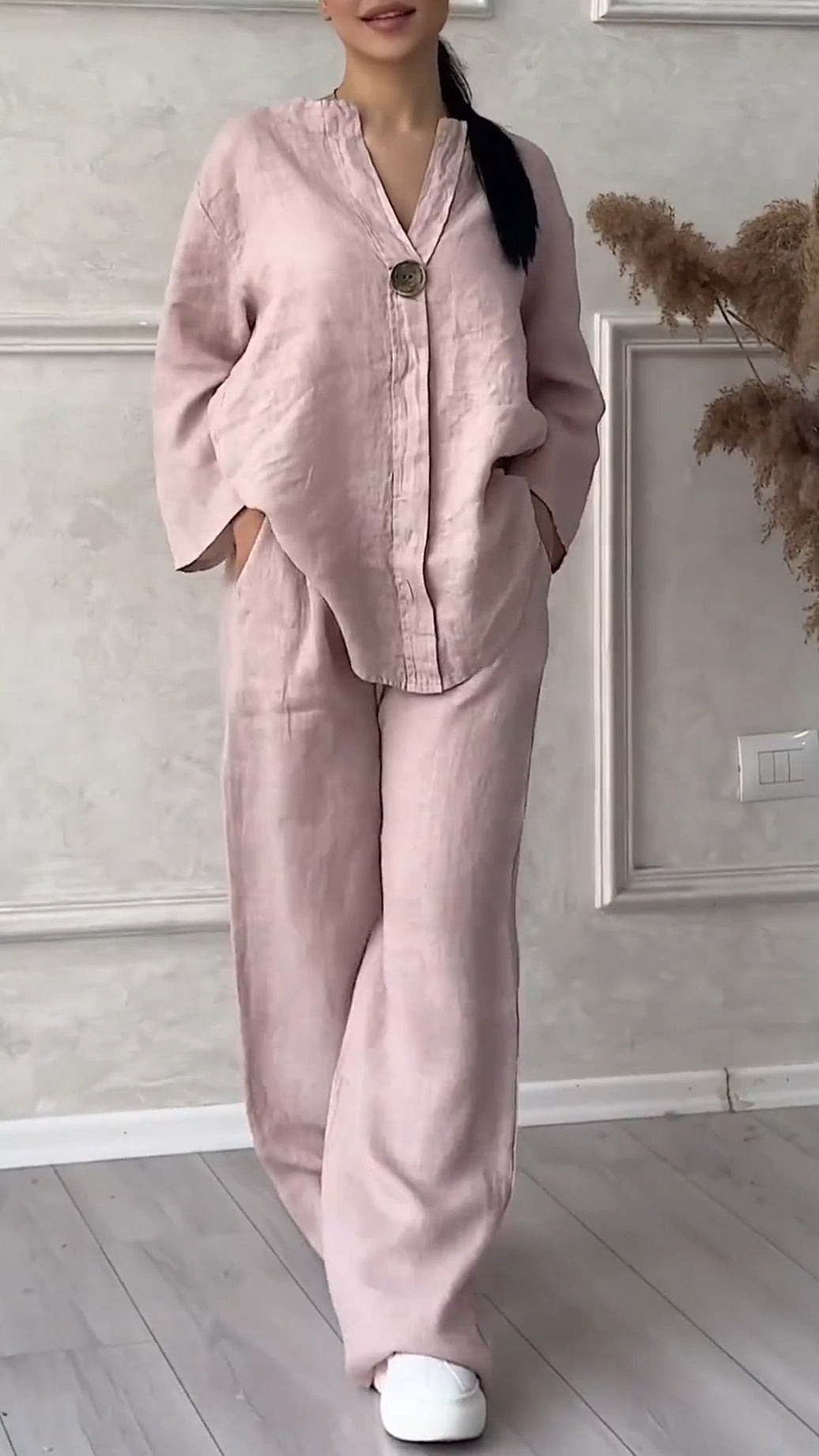 Relaxed Linen Two-Piece Set with Button Detail (Buy 2 Free Shipping)