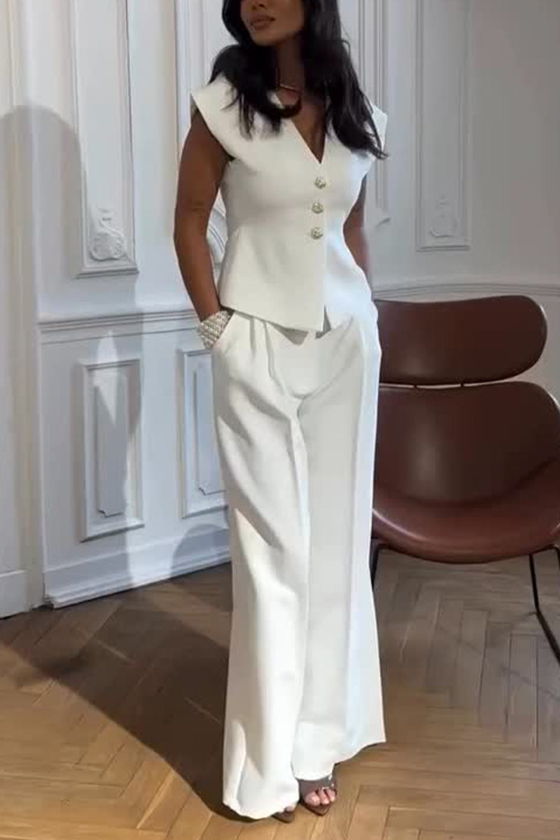 Elegant Buttoned Vest & Wide-Leg Pants Two-Piece Suit (Buy 2 Free Shipping)
