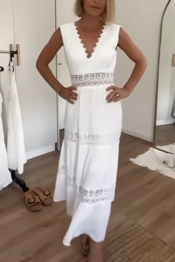 Lace Panel V-Neck Sleeveless Midi Dress (Buy 2 Free Shipping)