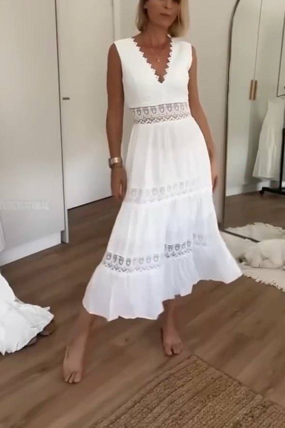 Lace Panel V-Neck Sleeveless Midi Dress (Buy 2 Free Shipping)