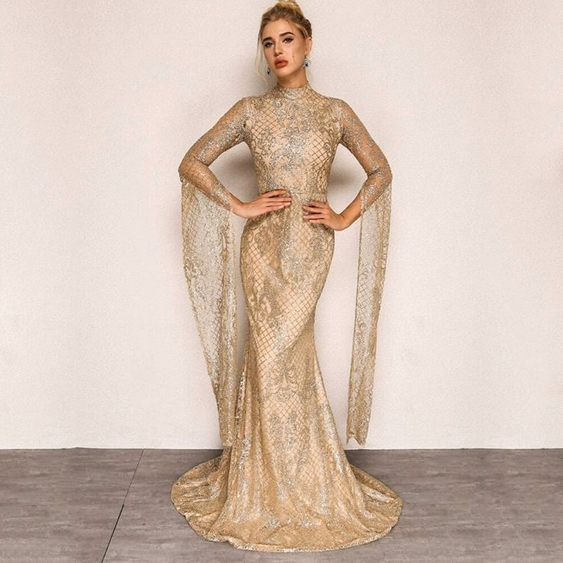 Glamorous High Neck Sequin Cape Sleeve Gown Maxi Dress (Buy 2 Free Shipping)