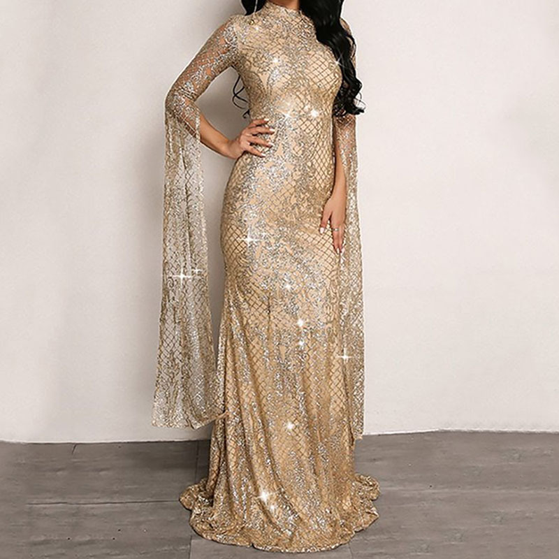 Glamorous High Neck Sequin Cape Sleeve Gown Maxi Dress (Buy 2 Free Shipping)