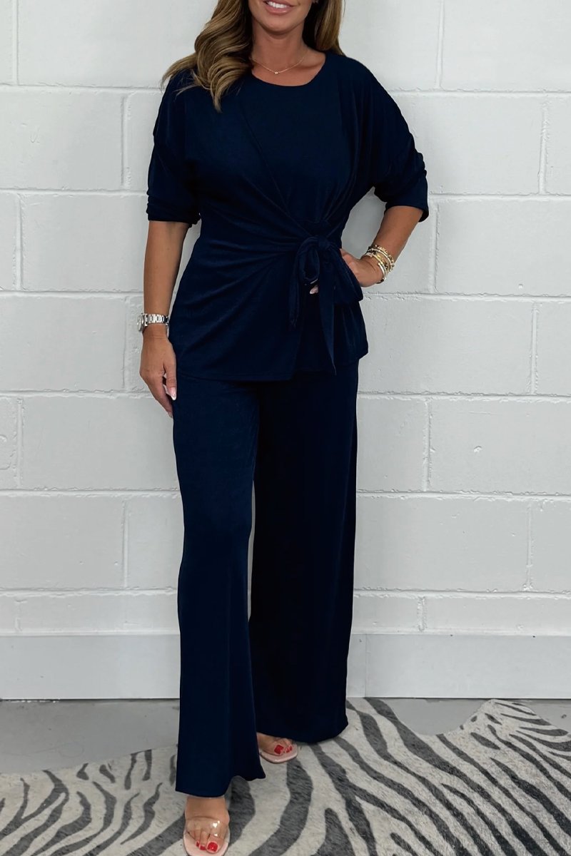 Soft Tie Waist Top and Wide Leg Pants Lounge Set