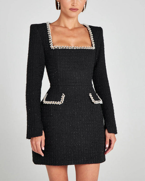 Tweed Fabric Pearl Trim Long Slit Sleeve Pocketed Mini Dress