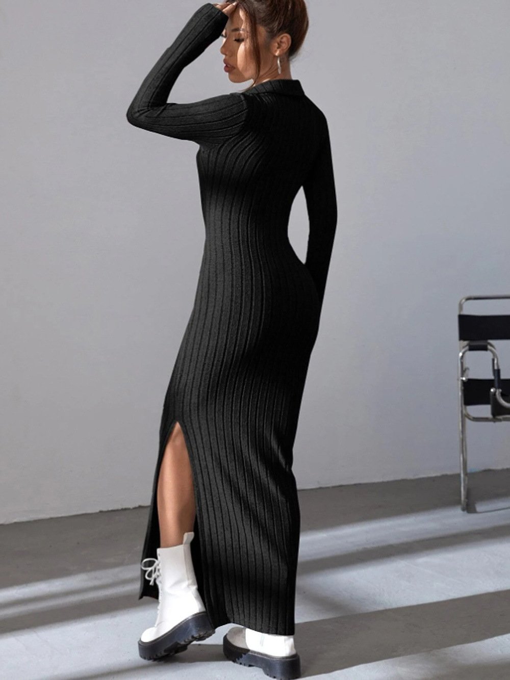 Knitted Fitted Lapel Long Sleeve Ribbed Dress (Buy 2 Free Shipping)